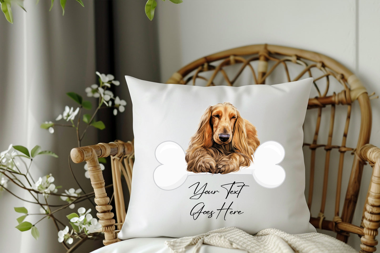 Personalised Afghan Hound sleeping on a bone Pet Dog Keepsake Gift Cushion, by Floppsie Moppsie – floppsiemoppsie at floppsiemoppsie.co.uk