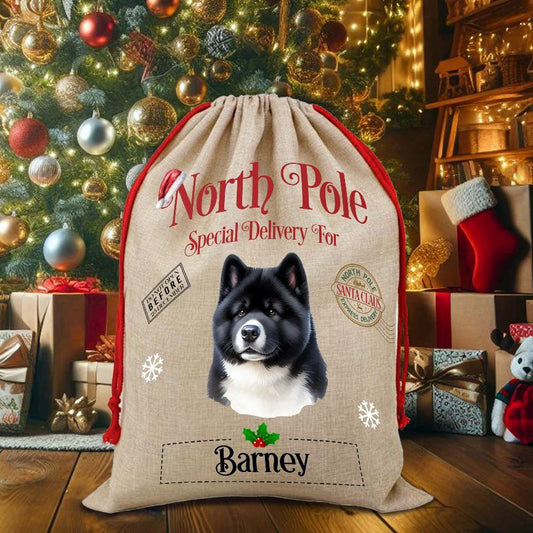 Personalised Dog Akita – North Pole Special Delivery Santa Sack Pet Gift, by Floppsie Moppsie – floppsiemoppsie at floppsiemoppsie.co.uk