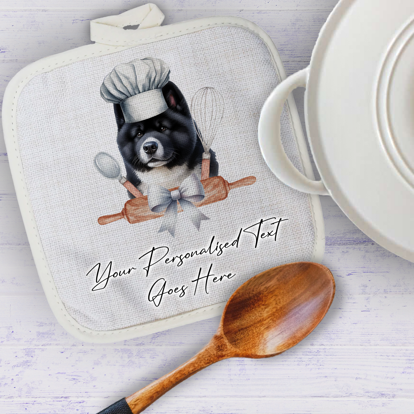 Personalised Dog In Chef Hat Gift Pot Holder / Grab - Akita