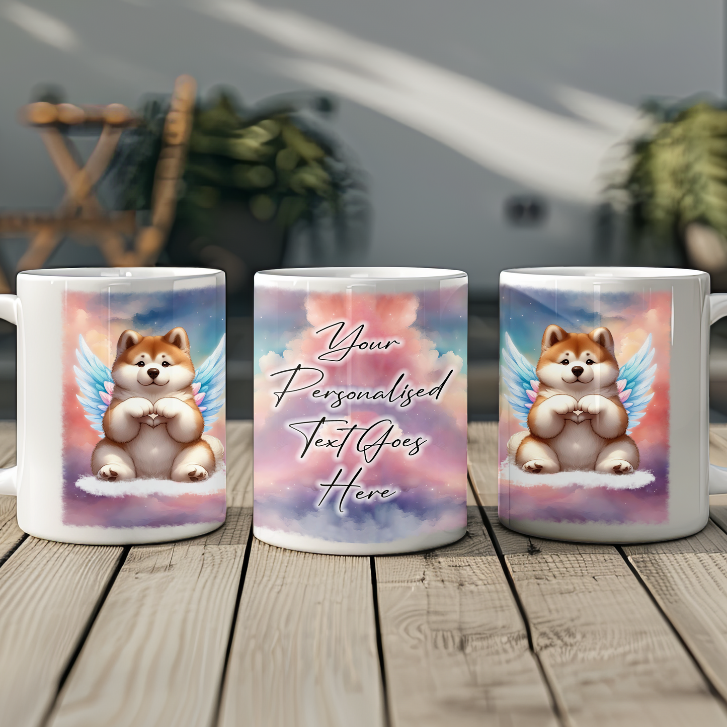 Personalised Dog Memorial Mug of Akita with wings in clouds making a heart sign - Keepsake Gift Mug, by Floppsie Moppsie – floppsiemoppsie at floppsiemoppsie.co.uk