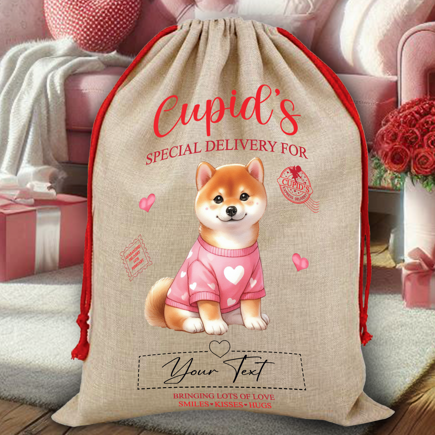 Personalised Dog Love Heart Valentine Anniversary Gift Sack - Akita