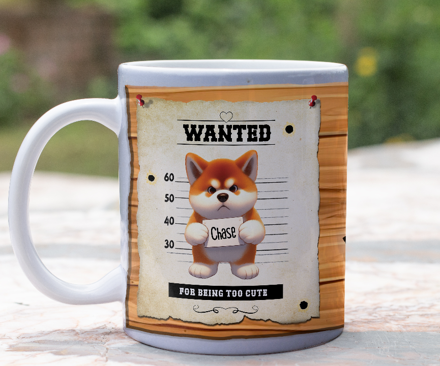 Personalised WANTED Pet Dog mug of a cute Akita on a wanted poster - Keepsake Gift, by Floppsie Moppsie – floppsiemoppsie at floppsiemoppsie.co.uk