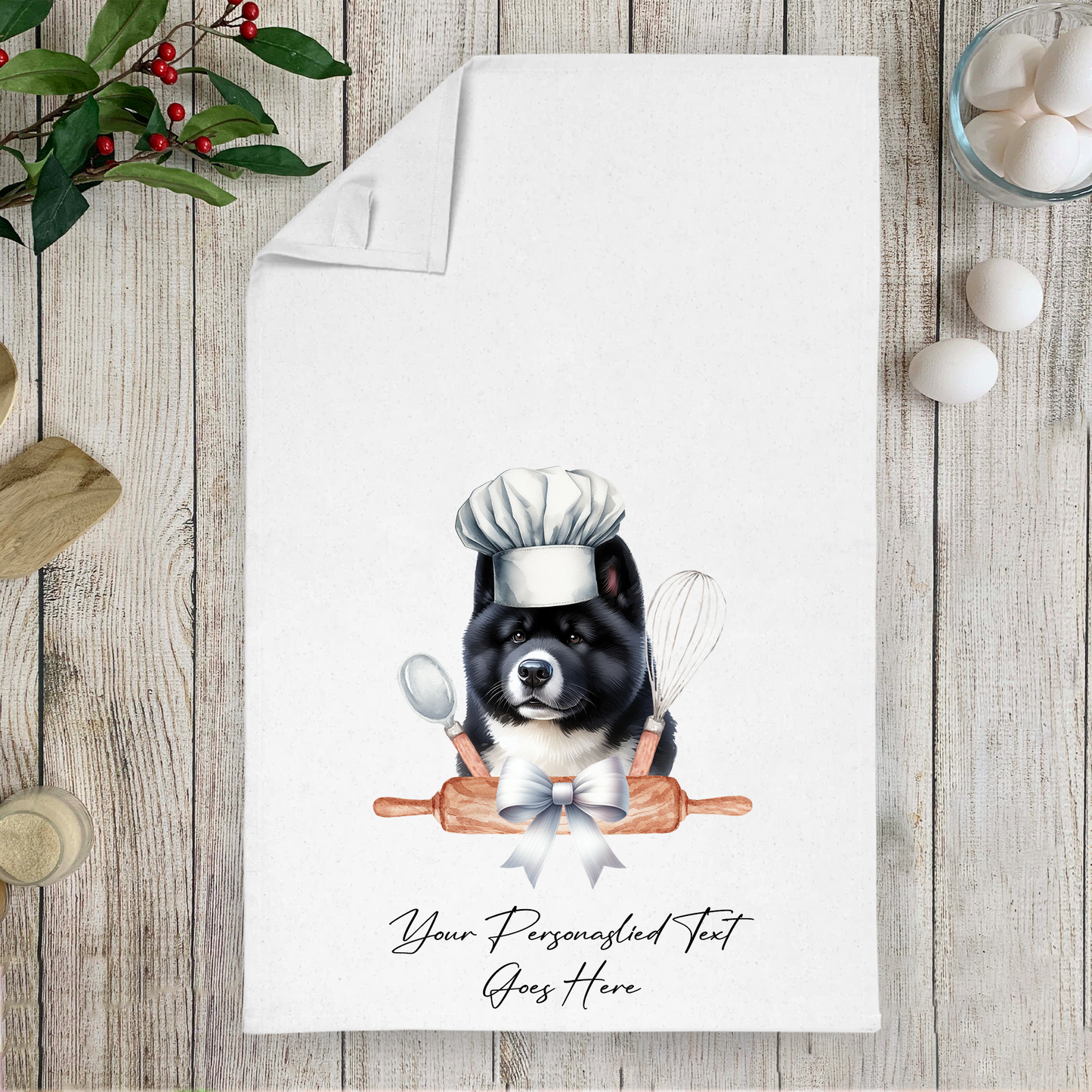 Personalised Dog In Chef Hat Gift Tea Towel - Akita