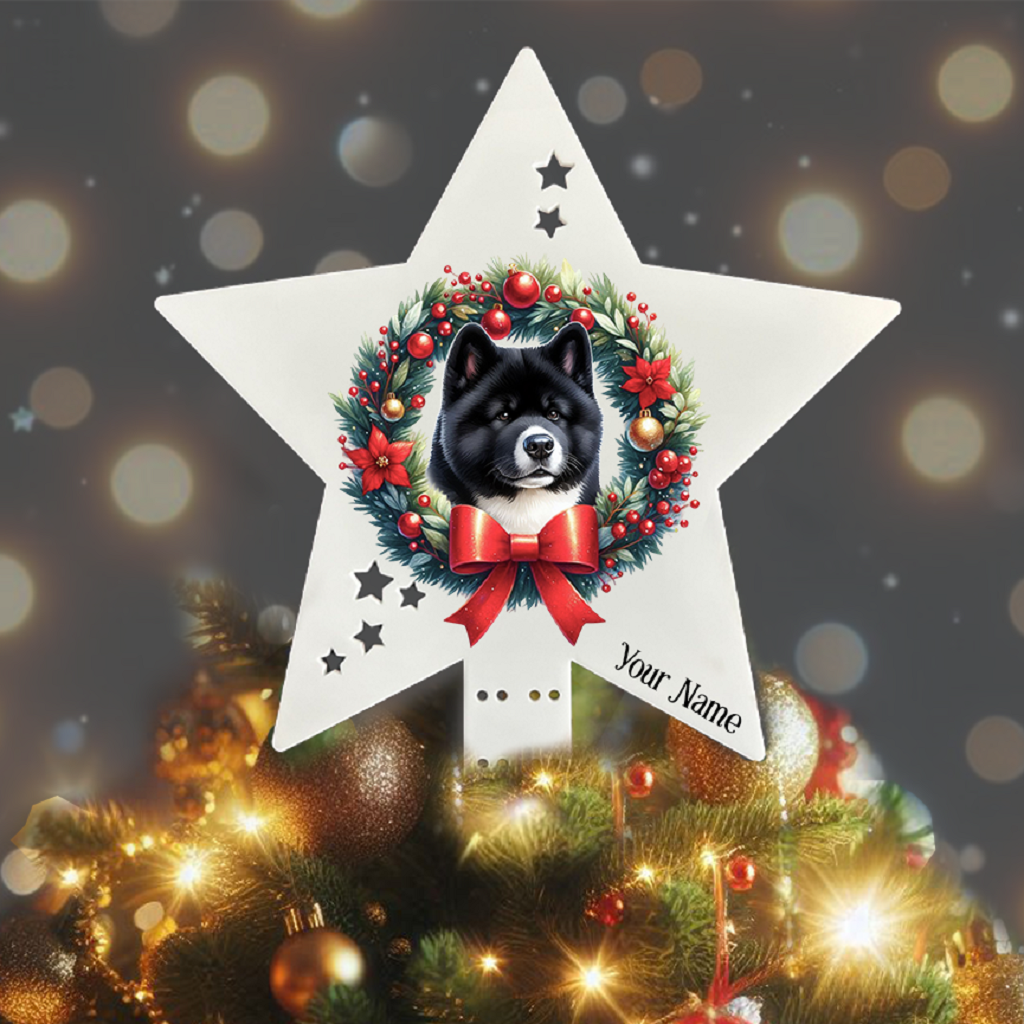 Personalised Pet Dog Akita wreath Christmas Tree Topper - Keepsake Gift, by Floppsie Moppsie – floppsiemoppsie at floppsiemoppsie.co.uk