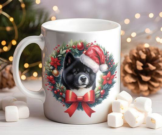 Personalised Akita Dog Christmas Wreath Gift Mug