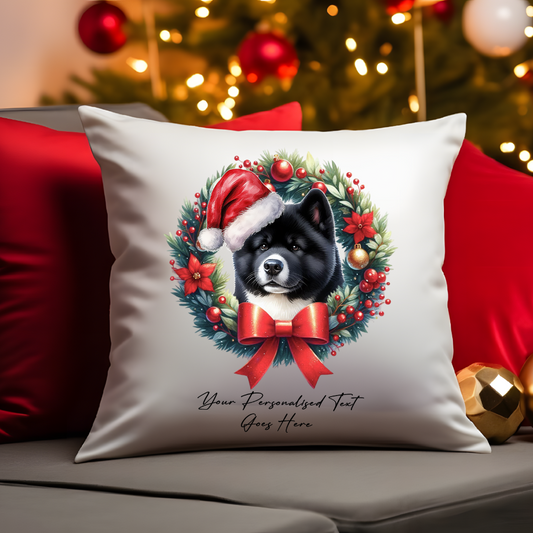 Personalised Akita with Santa hat in a Christmas wreath - Keepsake Gift cushion, by Floppsie Moppsie – floppsiemoppsie at floppsiemoppsie.co.uk