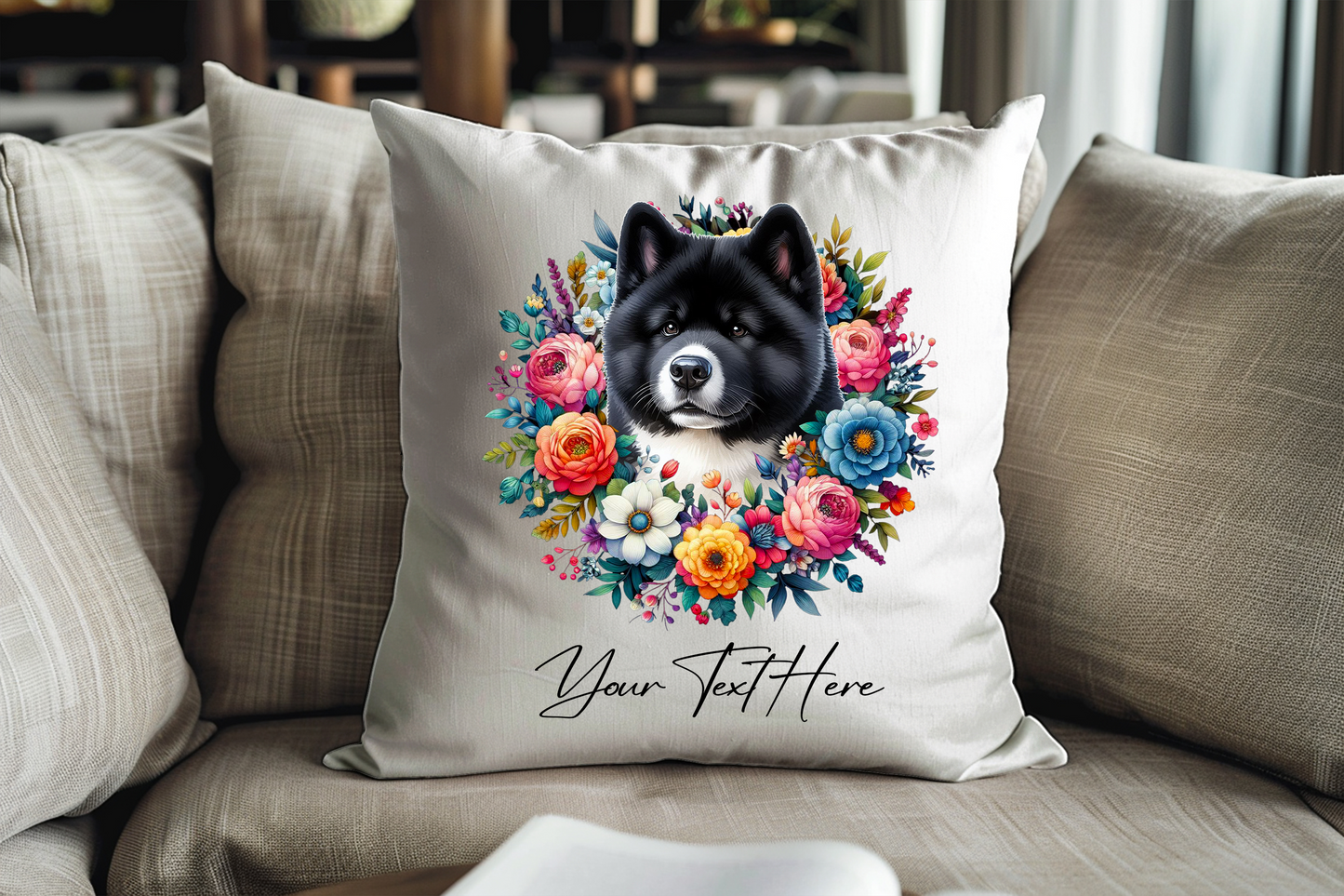 Personalised Floral Summer Pet Dog Wreath with Akita - Keepsake Gift Cushion, by Floppsie Moppsie – floppsiemoppsie at floppsiemoppsie.co.uk