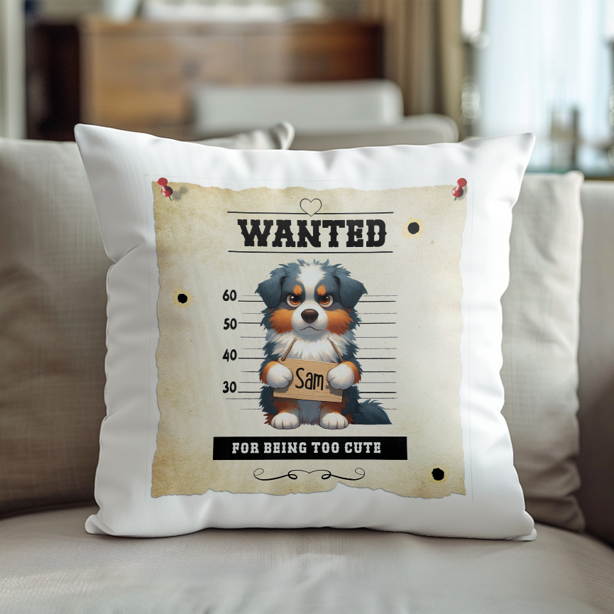 Personalised Dog WANTED Australian Shepherd in a line-up - Keepsake Gift Cushion, by Floppsie Moppsie – floppsiemoppsie at floppsiemoppsie.co.uk