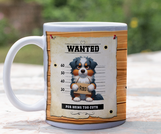 Personalised WANTED Pet Dog mug of a cute Australian Shepherd on a wanted poster - Keepsake Gift, by Floppsie Moppsie – floppsiemoppsie at floppsiemoppsie.co.uk