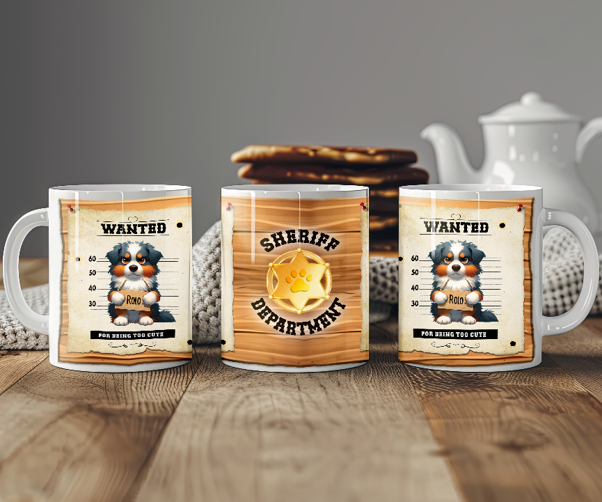 Personalised WANTED Pet Dog mug of a cute Australian Shepherd on a wanted poster - Keepsake Gift, by Floppsie Moppsie – floppsiemoppsie at floppsiemoppsie.co.uk