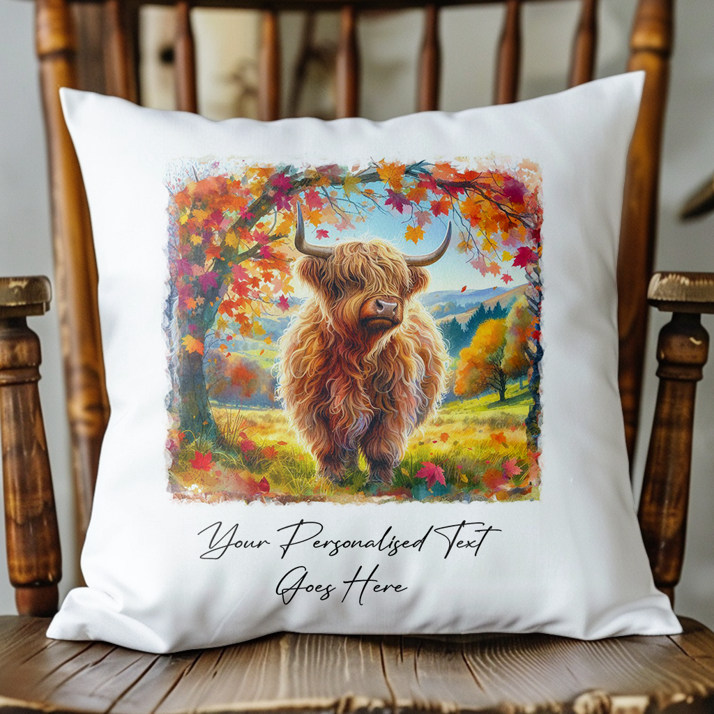 Personalised Autumn Highland Cow Decoration Keepsake Gift Cushion, by Floppsie Moppsie – floppsiemoppsie at floppsiemoppsie.co.uk