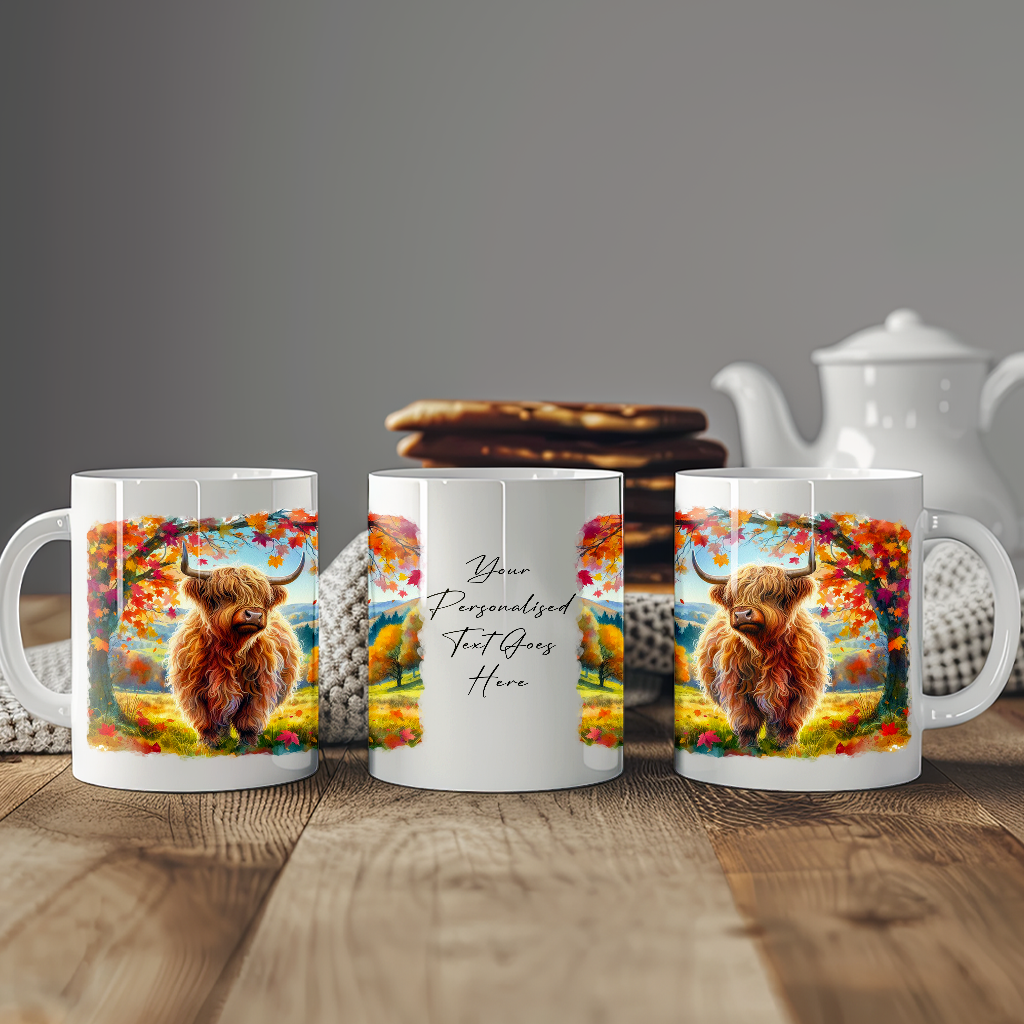 Personalised Autumn Highland Cow Decoration Keepsake Gift Mug, by Floppsie Moppsie – floppsiemoppsie at floppsiemoppsie.co.uk