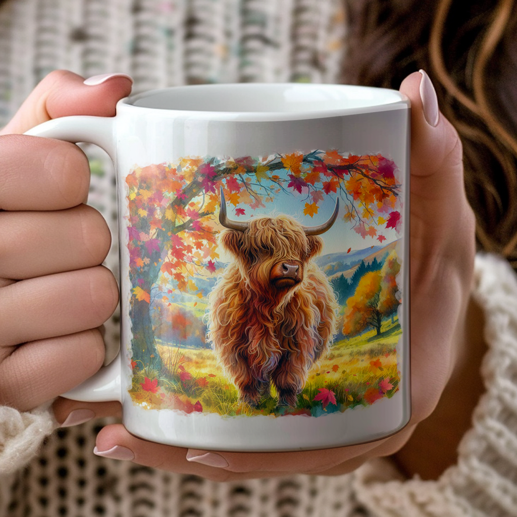 Personalised Autumn Highland Cow Decoration Keepsake Gift Mug, by Floppsie Moppsie – floppsiemoppsie at floppsiemoppsie.co.uk