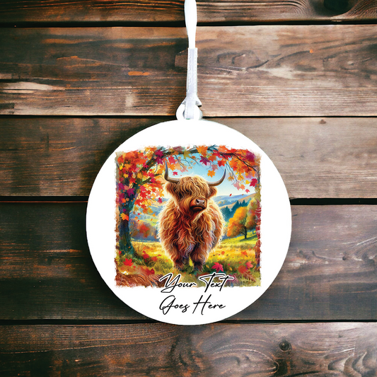 Personalised Autumn Highland Cow Decoration Keepsake Gift Hanging Bauble Decoration, by Floppsie Moppsie – floppsiemoppsie at floppsiemoppsie.co.uk