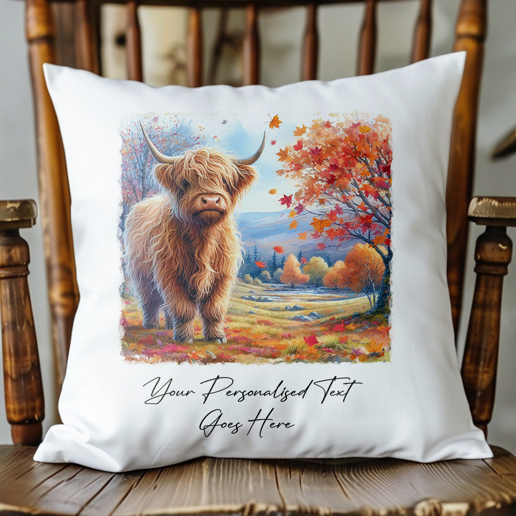 Personalised Autumn Highland Cow Decoration Keepsake Gift Cushion, by Floppsie Moppsie – floppsiemoppsie at floppsiemoppsie.co.uk