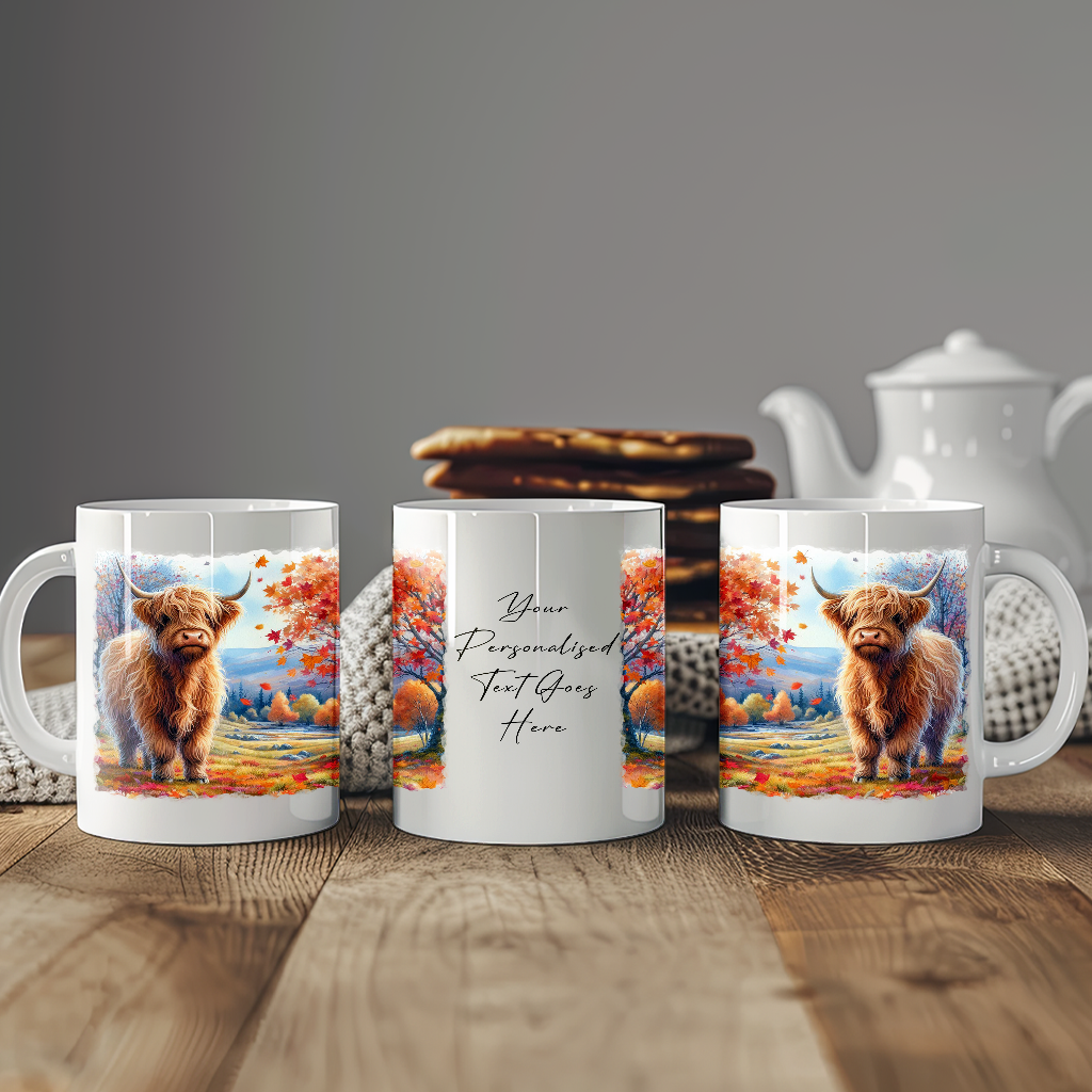 Personalised Autumn Highland Cow Decoration Keepsake Gift Mug, by Floppsie Moppsie – floppsiemoppsie at floppsiemoppsie.co.uk