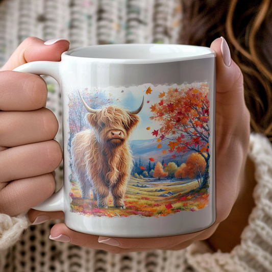 Personalised Autumn Highland Cow Decoration Keepsake Gift Mug, by Floppsie Moppsie – floppsiemoppsie at floppsiemoppsie.co.uk