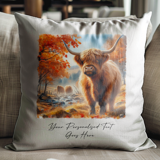 Personalised Autumn Highland Cow Decoration Keepsake Gift Cushion, by Floppsie Moppsie – floppsiemoppsie at floppsiemoppsie.co.uk