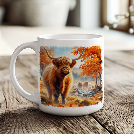 Personalised Autumn Highland Cow Decoration Keepsake Gift Mug, by Floppsie Moppsie – floppsiemoppsie at floppsiemoppsie.co.uk