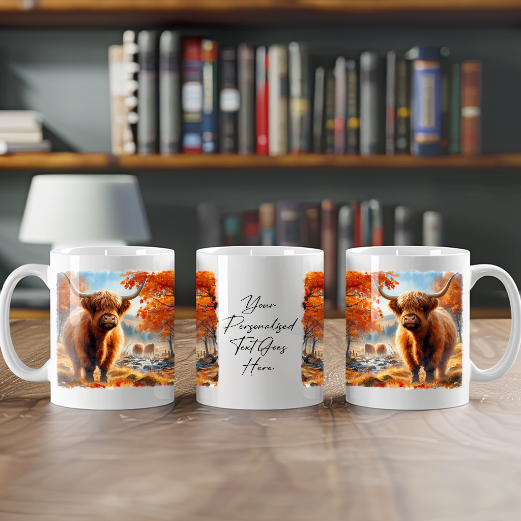 Personalised Autumn Highland Cow Decoration Keepsake Gift Mug, by Floppsie Moppsie – floppsiemoppsie at floppsiemoppsie.co.uk