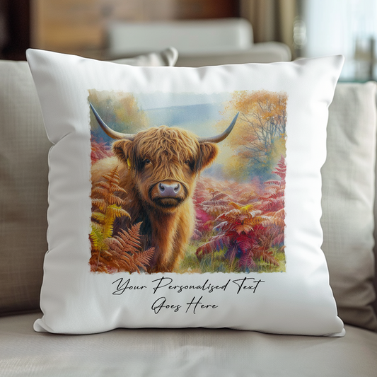 Personalised Autumn Highland Cow Decoration Keepsake Gift Cushion, by Floppsie Moppsie – floppsiemoppsie at floppsiemoppsie.co.uk