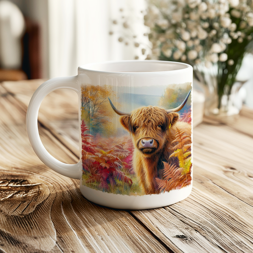 Personalised Autumn Highland Cow Decoration Keepsake Gift Mug, by Floppsie Moppsie – floppsiemoppsie at floppsiemoppsie.co.uk