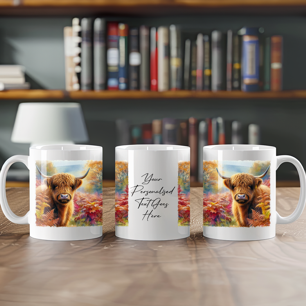 Personalised Autumn Highland Cow Decoration Keepsake Gift Mug, by Floppsie Moppsie – floppsiemoppsie at floppsiemoppsie.co.uk