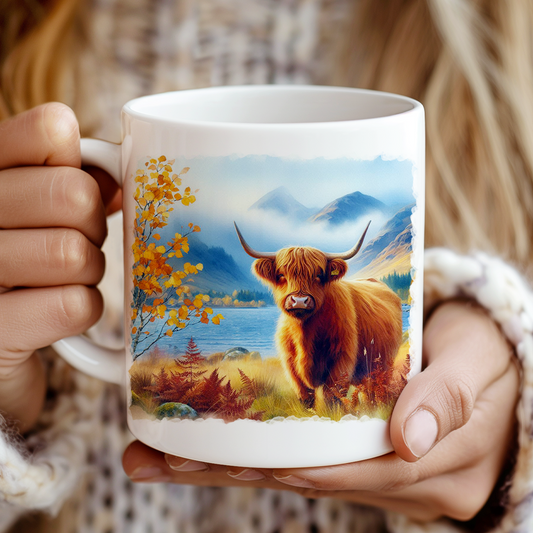 Personalised Autumn Highland Cow Decoration Keepsake Gift Mug, by Floppsie Moppsie – floppsiemoppsie at floppsiemoppsie.co.uk