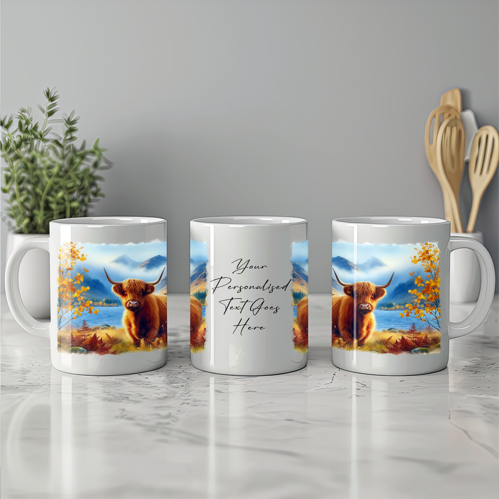 Personalised Autumn Highland Cow Decoration Keepsake Gift Mug, by Floppsie Moppsie – floppsiemoppsie at floppsiemoppsie.co.uk