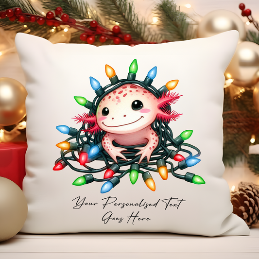 Personalised Axolotl wrapped in Christmas Lights Cushion Cover Gift