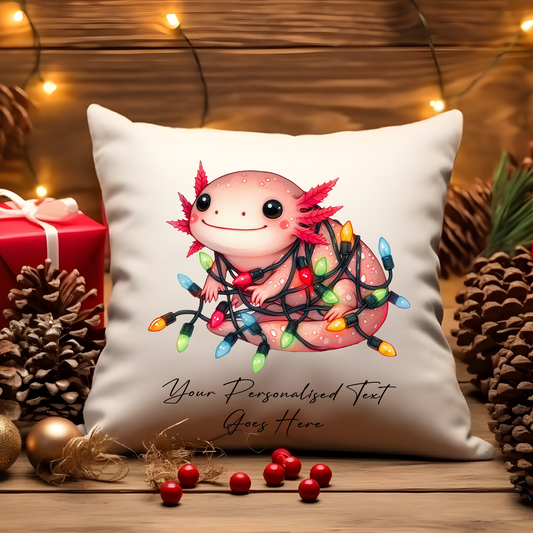 Personalised Axolotl wrapped in Christmas Lights Cushion Cover Gift - Style B