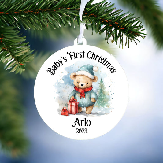 Personalised Baby's First Christmas Bauble With Bear with Blue Hat - Keepsake Gift