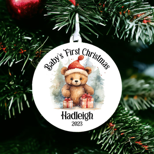 Personalised Baby's First Christmas Bauble With Bear with Red Hat - Keepsake Gift