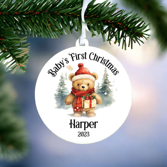 Personalised Baby's First Christmas Bauble With Bear with Red Scarf - Keepsake Gift