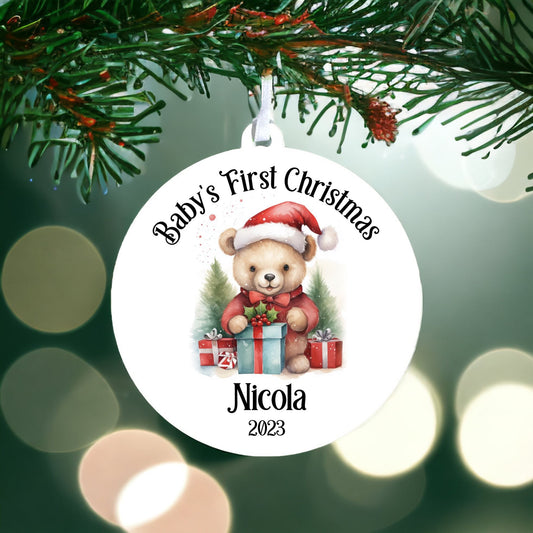 Personalised Baby's First Christmas Bauble With Bear with Red Bow - Keepsake Gift