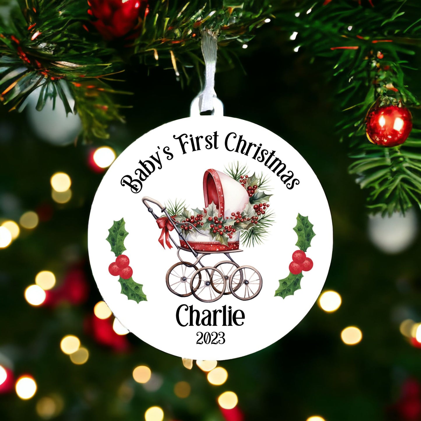 Personalised Baby's First Christmas Bauble With Red Pram - Keepsake Gift