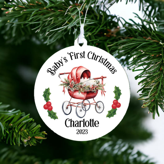 Personalised Baby's First Christmas Bauble With Cute Red Pram - Keepsake Gift