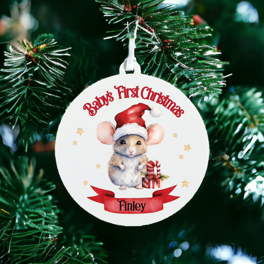 Personalised Baby's First Christmas Bauble With Cute Mouse with Present- Keepsake Gift