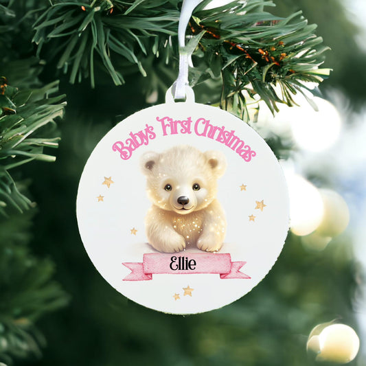 Personalised Baby's First Christmas Bauble With Cute Polar Bear Pink - Keepsake Gift