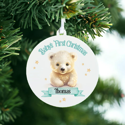 Personalised Baby's First Christmas Bauble With Cute Polar Bear Blue - Keepsake Gift