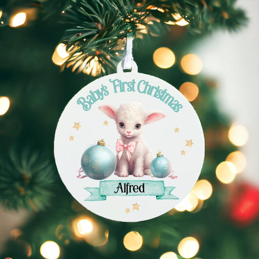 Personalised Baby's First Christmas Bauble With Cute Lamb Blue - Keepsake Gift