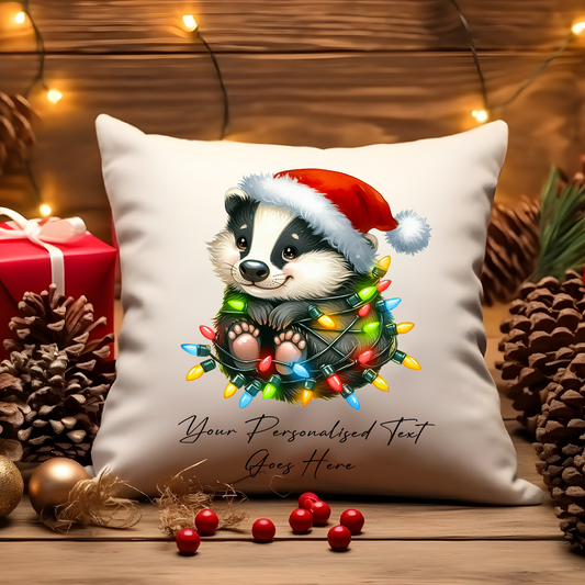 Personalised Badger wrapped in Christmas Lights Cushion Cover Gift - Style A