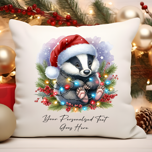 Personalised Badger wrapped in Christmas Lights Cushion Cover Gift - Style B