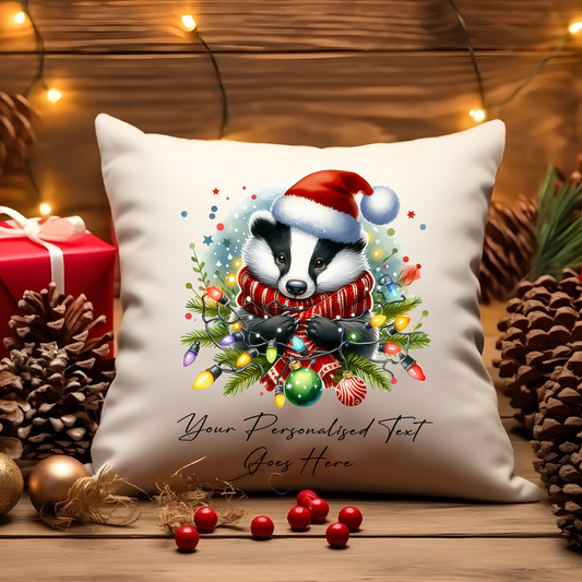 Personalised Badger wrapped in Christmas Lights Cushion Cover Gift - Style C