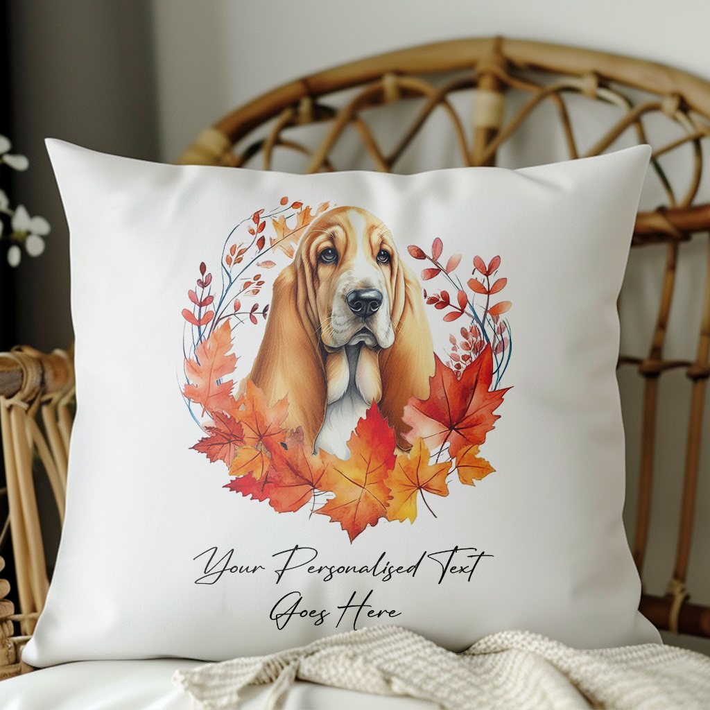 Personalised Basset Hound in an Autumn wreath - Keepsake Gift cushion, by Floppsie Moppsie – floppsiemoppsie at floppsiemoppsie.co.uk