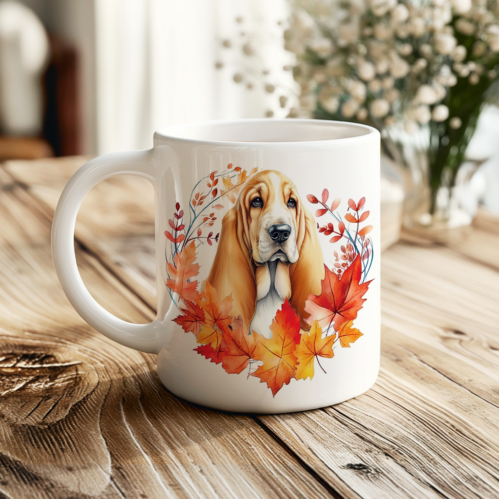 Personalised Basset Hound in n Autumn wreath - Keepsake Mug, ideal gift for Birthday and Christmas Gift, by Floppsie Moppsie – floppsiemoppsie at floppsiemoppsie.co.uk