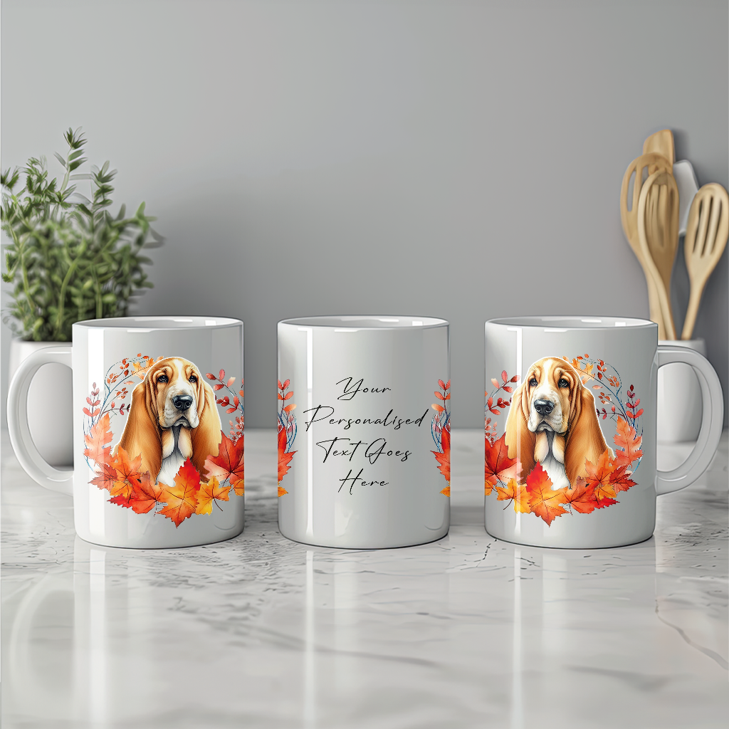 Personalised Basset Hound in n Autumn wreath - Keepsake Mug, ideal gift for Birthday and Christmas Gift, by Floppsie Moppsie – floppsiemoppsie at floppsiemoppsie.co.uk