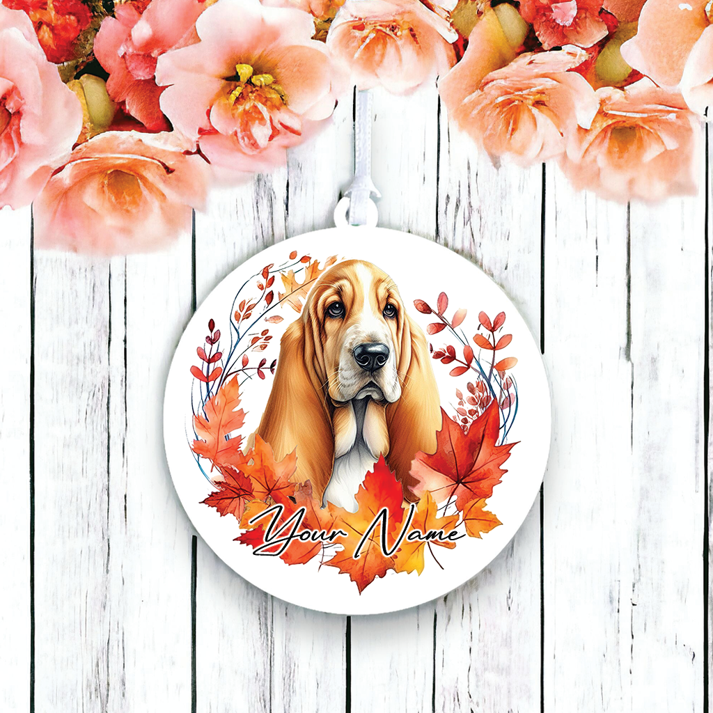 Personalised Dog Basset Hound in an autumn wreath - Keepsake Gift Hanging Decoration, by Floppsie Moppsie – floppsiemoppsie at floppsiemoppsie.co.uk