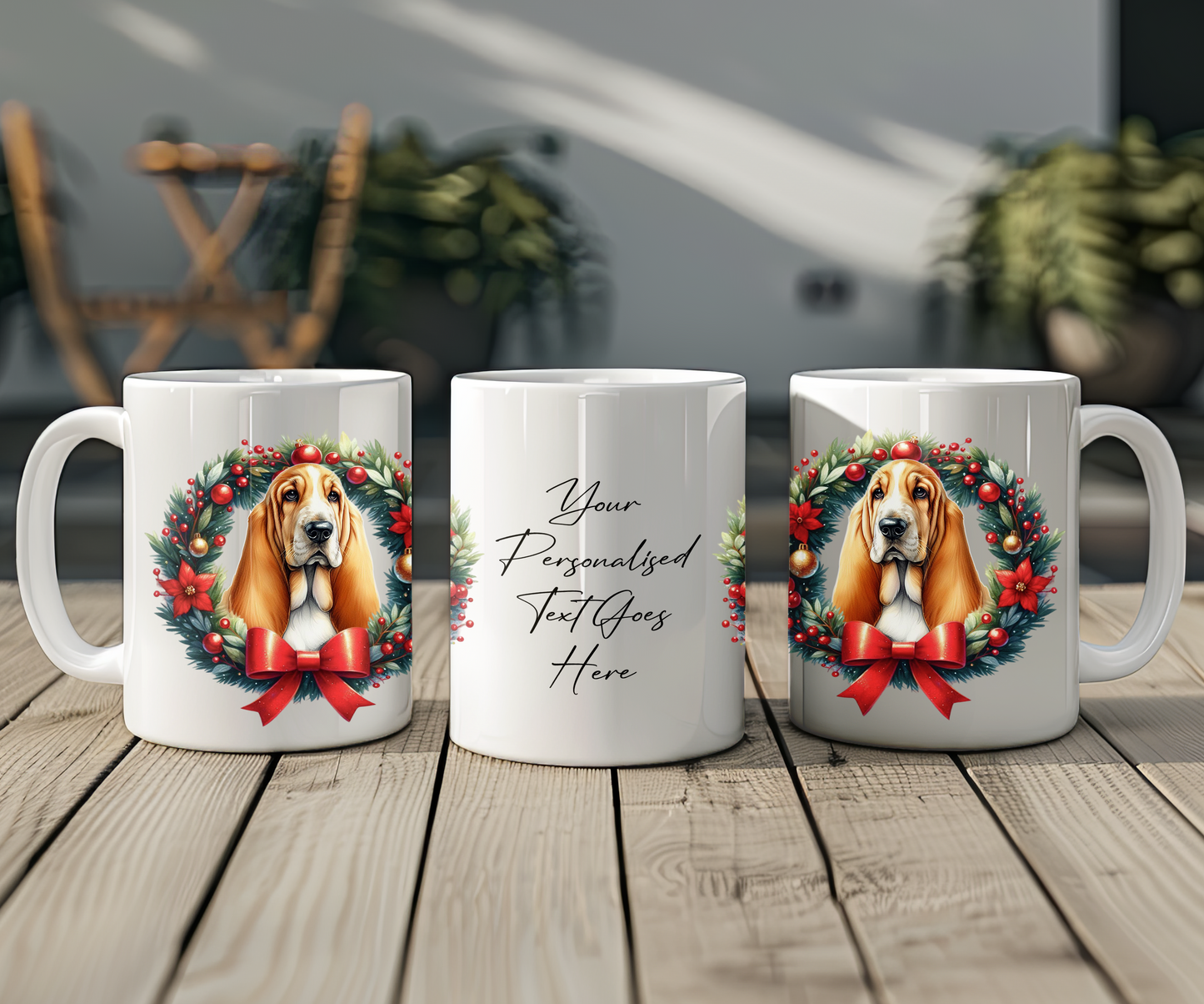 Personalised Basset Hound Dog Christmas Wreath Gift Mug