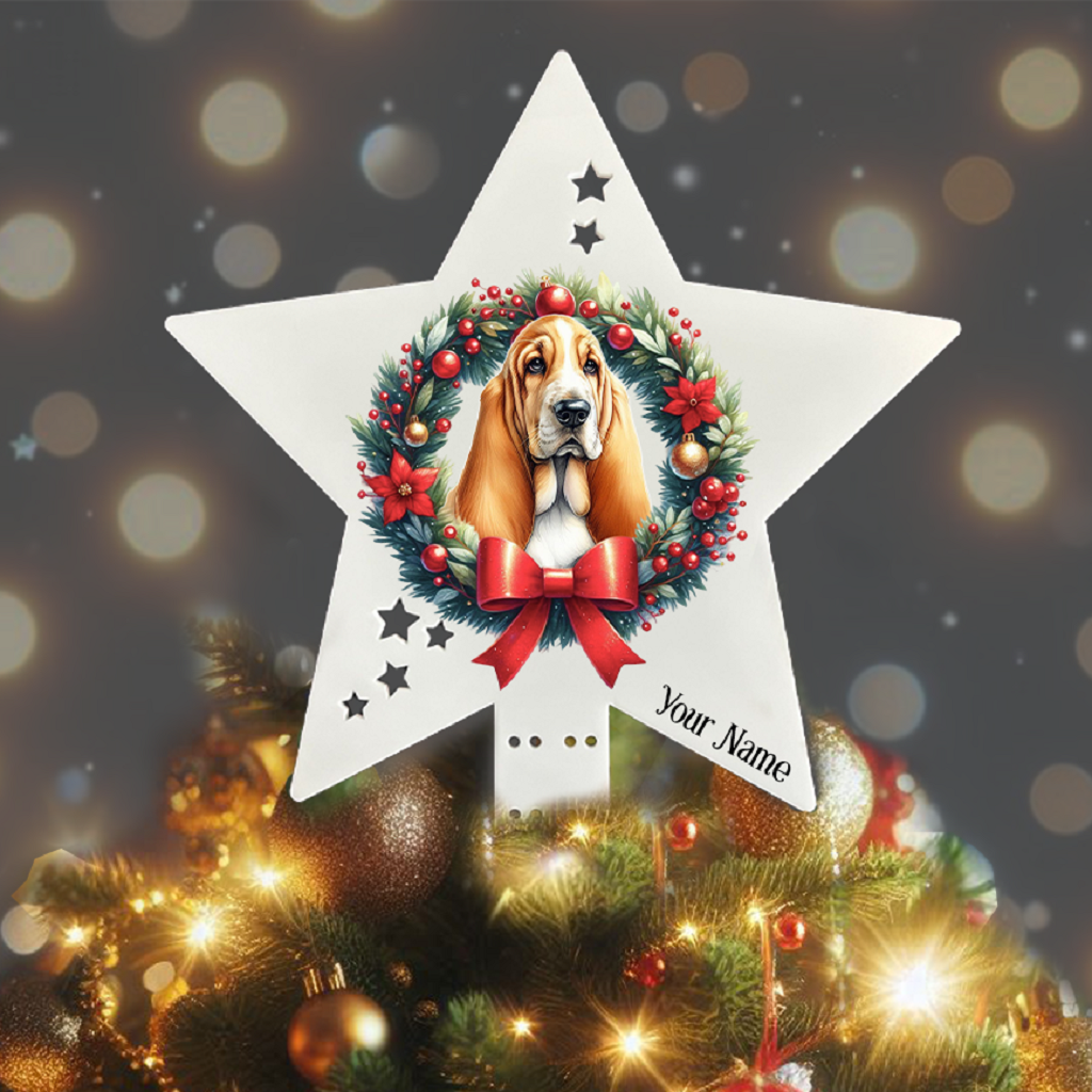 Personalised Pet Dog Basset Hound wreath Christmas Tree Topper - Keepsake Gift, by Floppsie Moppsie – floppsiemoppsie at floppsiemoppsie.co.uk